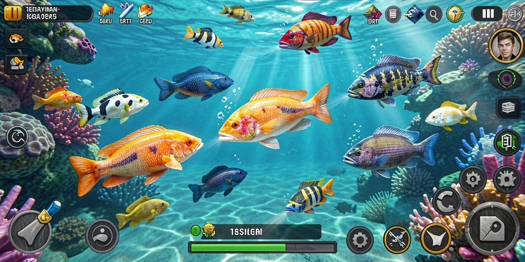 Screenshot gameplay 5RT menampilkan aksi seru menembak ikan berwarna-warni.
