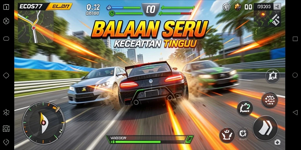 Screenshot gameplay menunjukkan aksi balapan seru dalam EOS77.