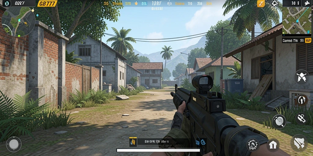 Tampilan gameplay GB777 dengan aksi menegangkan di medan perang.