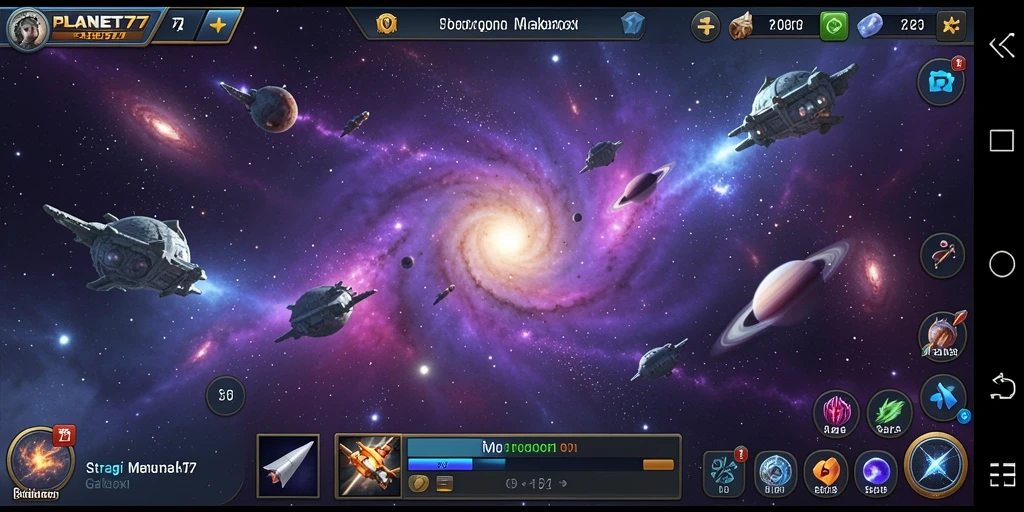 Tampilan gameplay menakjubkan dari PLANET77 yang menunjukkan strategi galaksi.