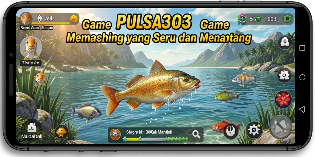 Screenshot utama PULSA303 menampilkan momen seru saat memancing di danau yang indah.