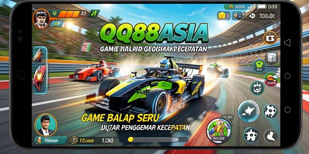 Screenshot gameplay QQ88ASIA menampilkan aksi balap yang menegangkan.