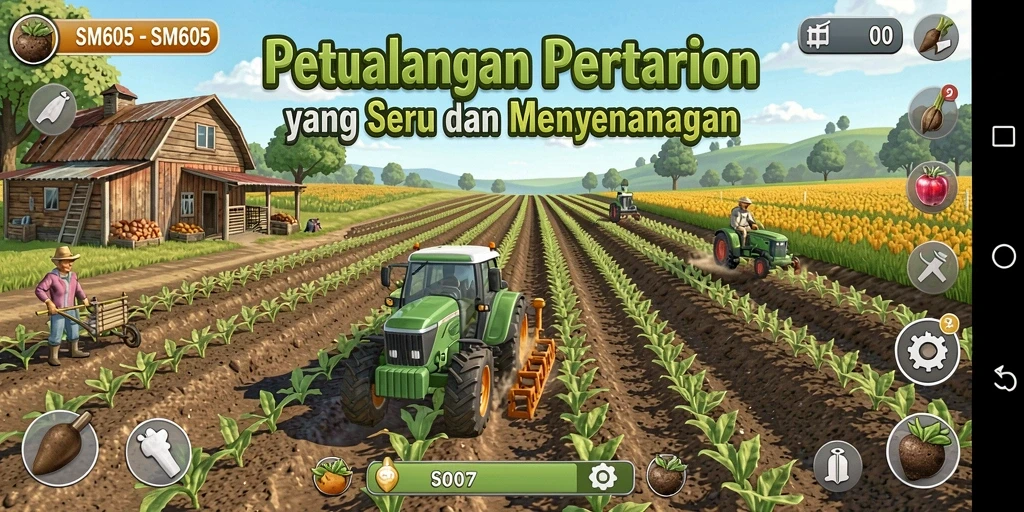 Screenshot utama SM605 menampilkan gameplay seru dalam bertani.