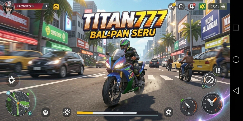 Tampilan gameplay seru balapan motor di TITAN777.